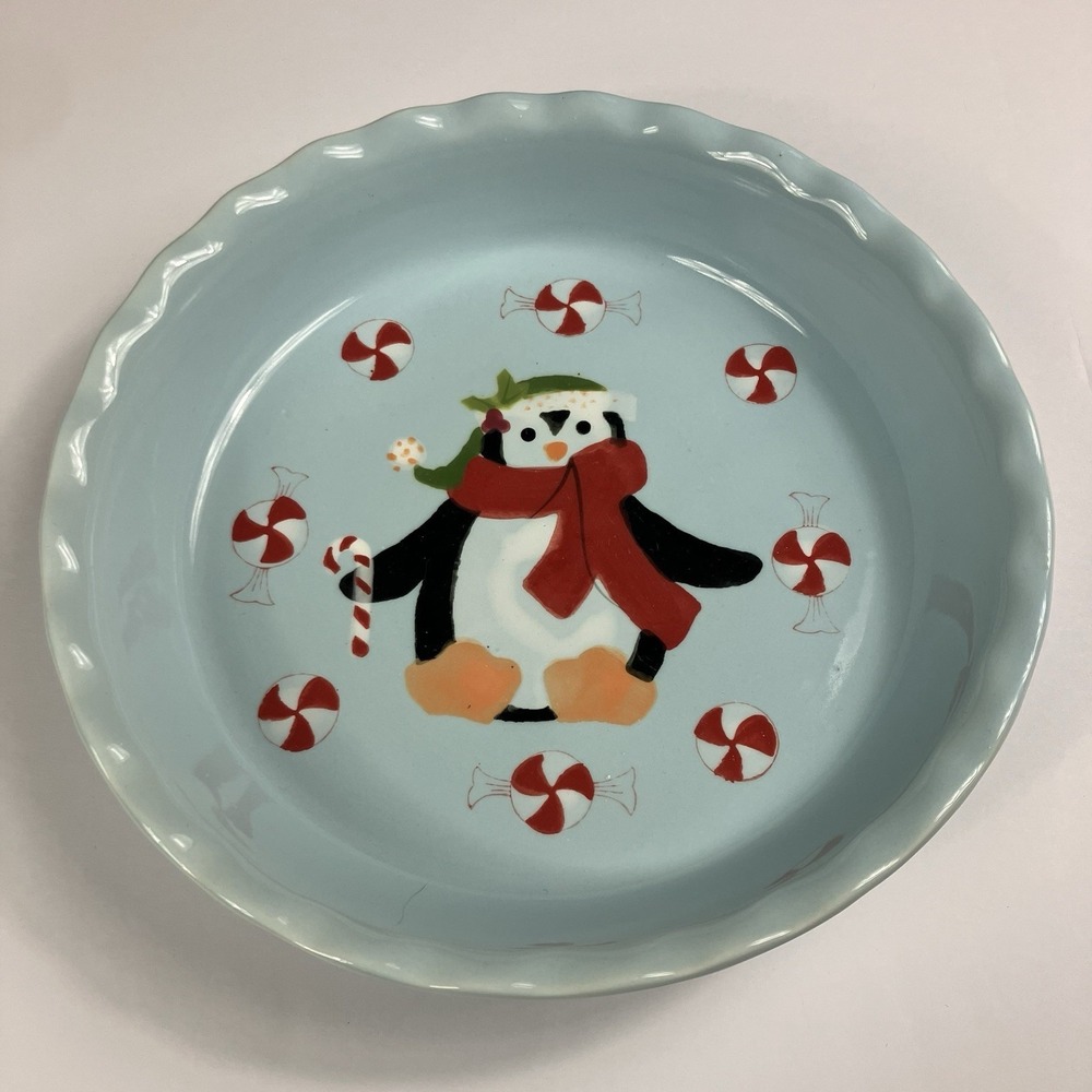 Nantucket Christmas Penguin Pie Plate Baking Dish 10 Inches Holiday